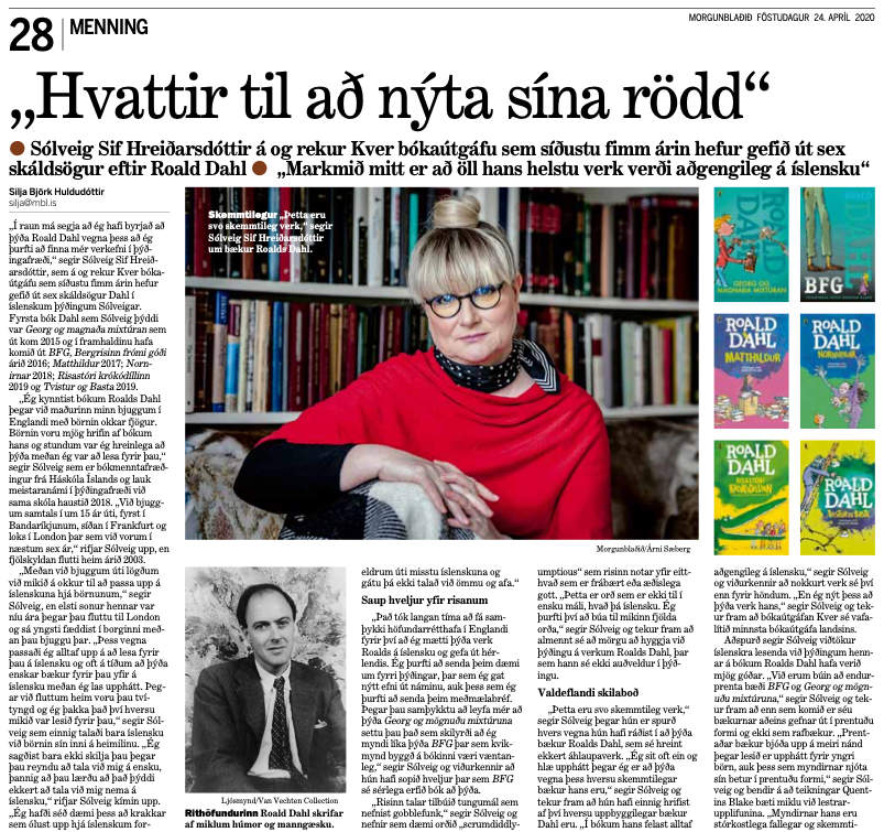 Heilsíðuviðtal við þýðanda Roalds Dahl í Morgunblaðinu í dag